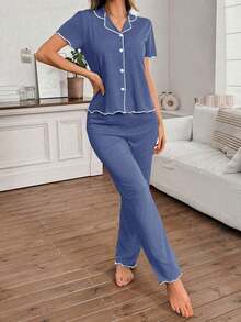 Mono de verano de punto ligero y suelto con volantes, de tela roja, de estilo casual y holgado para mujer - Azul marino - Ver 4