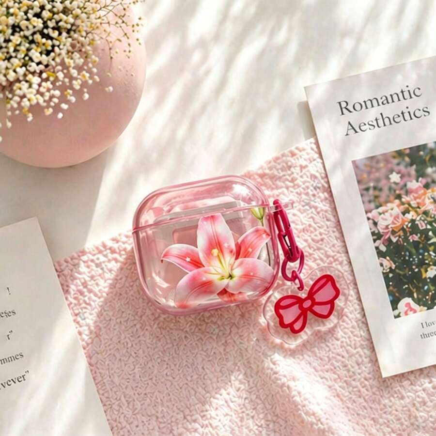 Fashionable Creative Transparent Pink Lily Flower + Bow Earphone Case Compatible With Airpods Pro 3, New Pro 2, Cute Apple 4 Minimalist 3, Personalized 1/2, Spring/Summer Earphone Case/Birthday Gift/Holiday Gift - Baby Pink - View 1