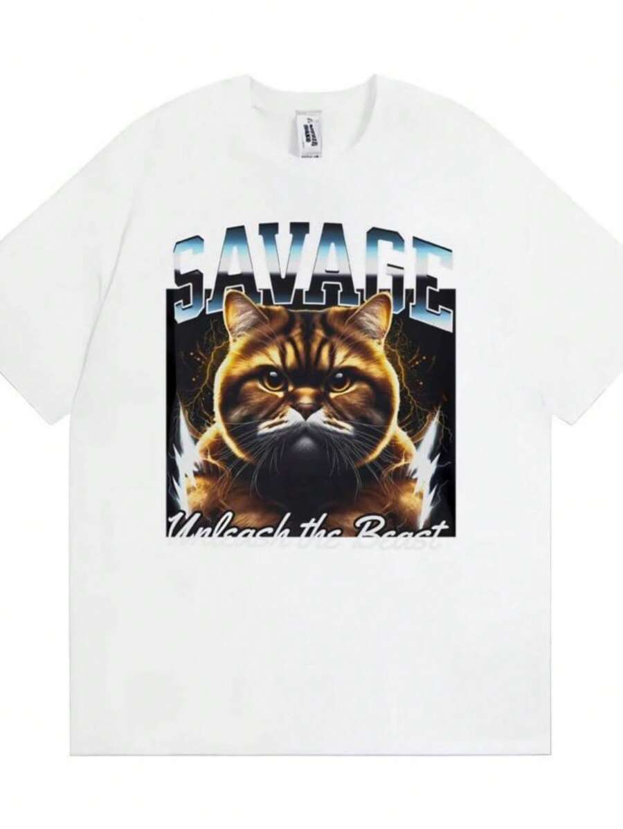 playeras de mujer 2026Savage Cat Graphic Funny Vintage 90s T-shirts Men Women Fashion Classic Oversized T Shirt Casual Short Sleeve T-shirt streetwear - Blanco - Ver 1