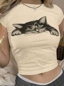 Camiseta casual de manga corta y cuello redondo con estampado de gatos y corte en el abdomen, camisetas gráficas de verano para mujeres - Beis - Ver 1