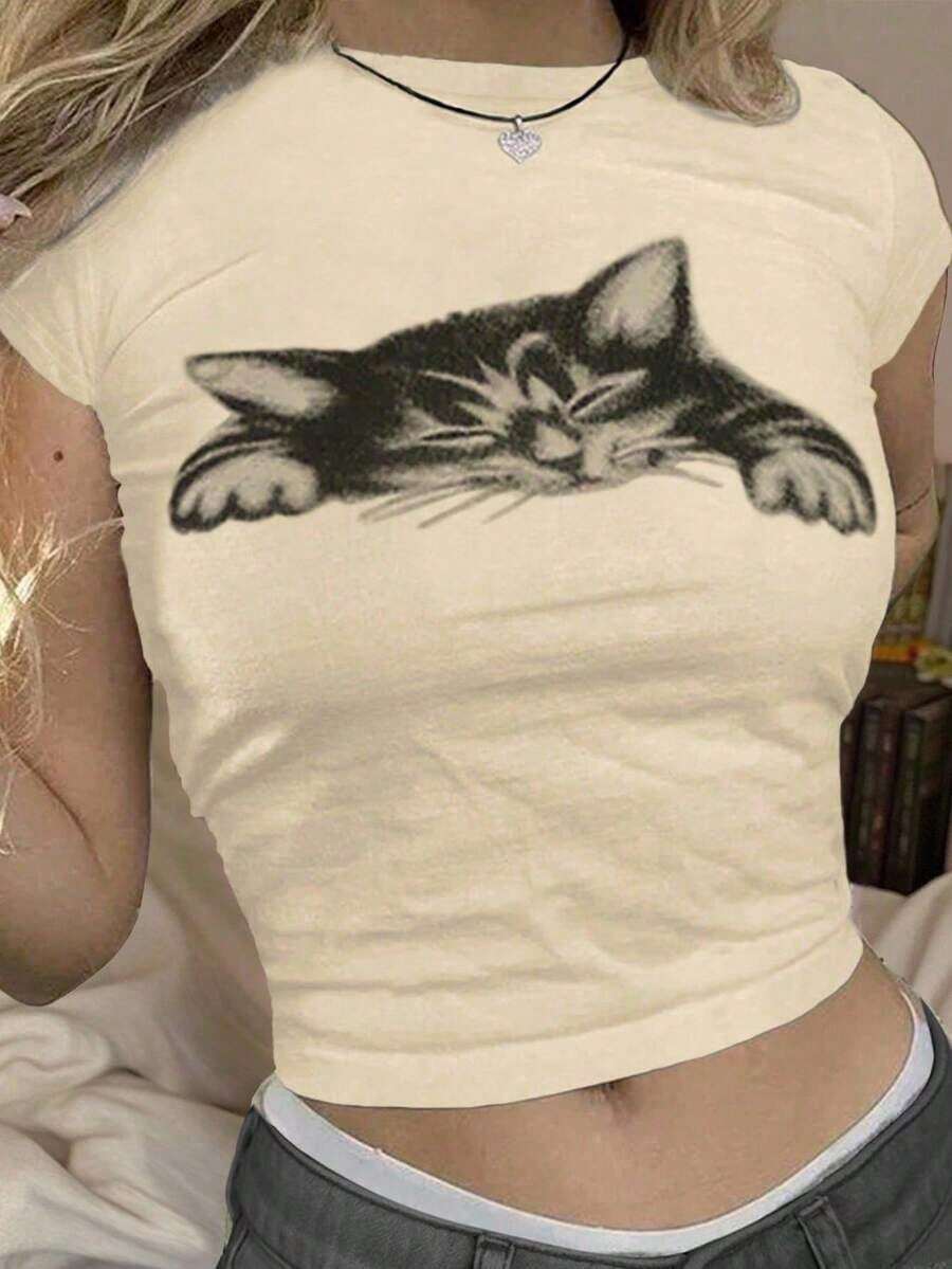 Camiseta casual de manga corta y cuello redondo con estampado de gatos y corte en el abdomen, camisetas gráficas de verano para mujeres - Beis - Ver 1
