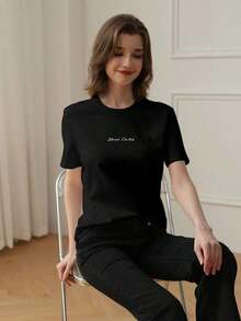Women's Graphic Print T-Shirt, Lightweight Cotton Summer Top With Letter Print, Loose Fit, Drop Shoulder, Crew Neck, Casual, Plus Size, 100% Pure Cotton - 黑色 - 查看 3