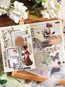 40 Sheets/Pack Kraft Paper Sticker Book Retro Map Plant Butterfly No-Cut Sticker Book Encyclopedia Light And Shadow Series Creative Hand Account Collage Material DIY Greeting Card Envelope Decoration Sticker Book - Set - View 6