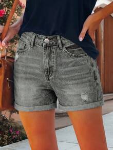 Cross-Border Fashion Washed Denim Wide Leg Shorts, Versatile For Daily Wear Casual Summer - Light Grey - View 3