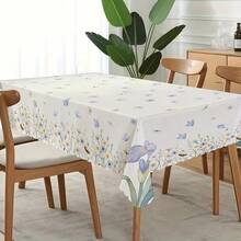2D Flat Print Fresh Iris & Daisy Tablecloth, Light Beige Base With Watercolor Blue & Purple Floral Pattern, 1pc Polyester Round/Rectangle Tablecloth, Suitable For Indoor Dining, Outdoor Picnic, Garden Party, Dust Cover, Multi-Size Available, Indoor & Outdoor Use - A - View 8