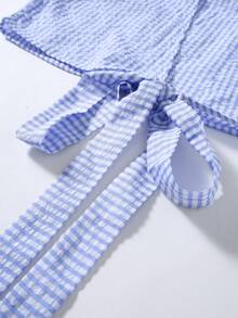 Áo croptop không tay cổ tròn kẻ caro xanh trắng dành cho nữ, thiết kế buộc dây phía sau, áo tank top mùa hè thoải mái, mặc hàng ngày, quà tặng cho bạn gái/vợ, quà kỷ niệm. - Màu xanh lam - Xem 3