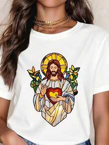 ropa de mujer Camiseta Blanca con Diseño de Vitral del Sagrado Corazón de Jesús, Regalo Religioso Cristiano para Pascua y Navidad, camisas de mujer - Blanco - Ver 1