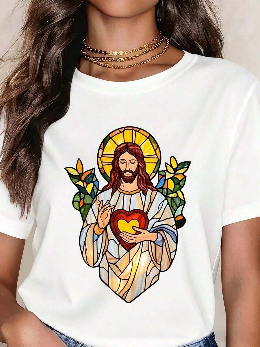 ropa de mujer Camiseta Blanca con Diseño de Vitral del Sagrado Corazón de Jesús, Regalo Religioso Cristiano para Pascua y Navidad, camisas de mujer - Blanco - Ver 1