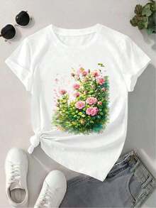 GiftCamiseta informal de verano con estampado floral para mujer, 100 % algodón, corte holgado, informal, cómoda y dise?o gráfico.Soft - Blanco - Ver 3