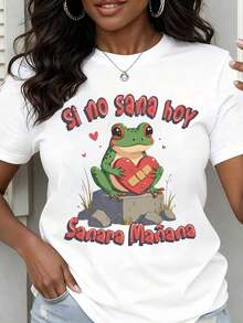 Women's Crew Neck T-Shirt With Frog Holding A Heart With Bandage Print, "If It Doesn't Heal Today It Will Heal Tomorrow", Short Sleeve, Casual, For Everyday Wear - 白色 - 查看 7