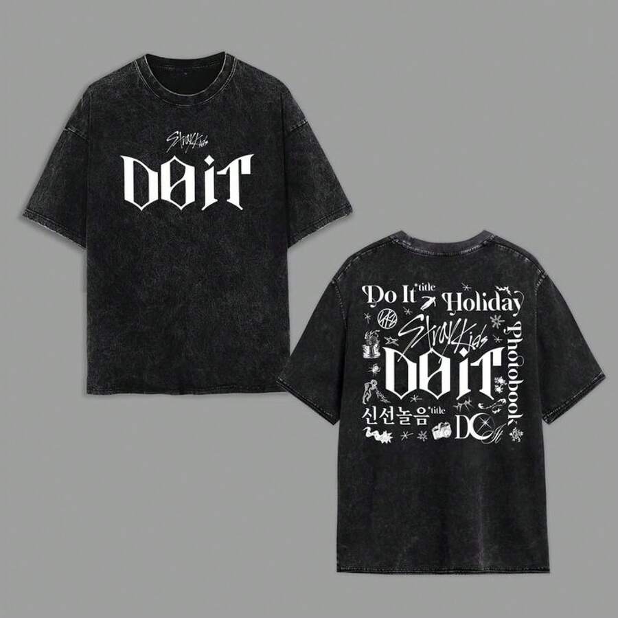 1 pieza Camiseta de manga corta de cuello redondo oversize unisex desgastada y lavada, 100% algodón pesado de 220g, diseñada por artistas Y2K estilo americano vintage, estampado gráfico de nombres de ciudades, ideal para uso diario, conciertos y festivales - Negro - Ver 1
