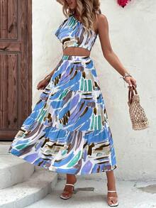 Elegant Green Fitted Short-Sleeved Blouse With Asymmetrical Shoulder + Elegant Beige A-Line Fitted Skirt, Perfect For Vacation/Resort Wear - 酒紅色 - 查看 3