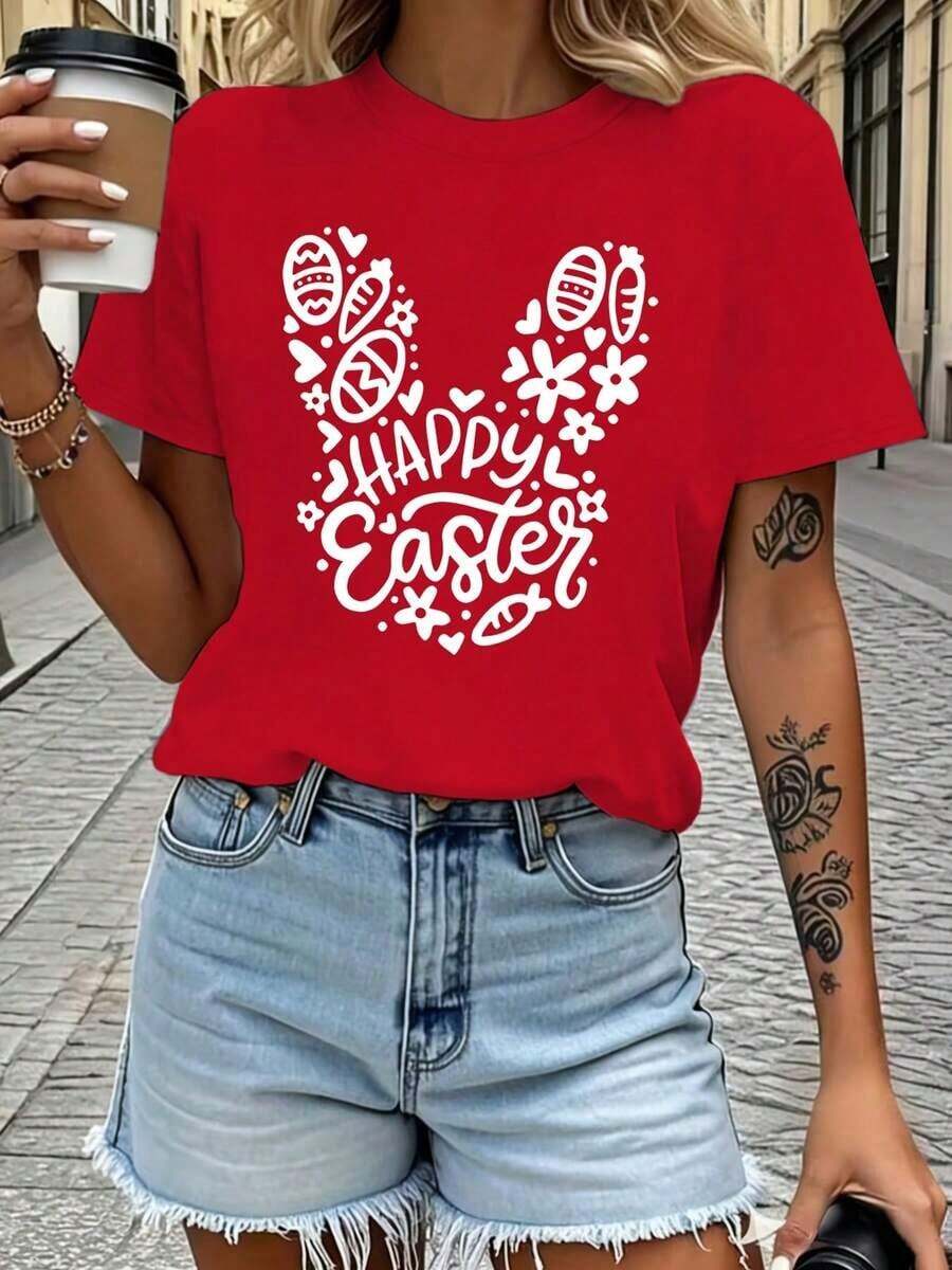 Women's Casual Summer T-Shirt, 100% Premium Cotton With Easter Theme Print, Rabbit And Egg Design, Breathable Shirt For Spring/Summer/Autumn (Machine Washable), Suitable For Casual Sportswear Outfits, Women's Pure Cotton Short Sleeve T-Shirt, Women's Round Neck T-Shirt - Unisex Loose And Cotton Short Sleeve T-Shirt. - 紅色 - 查看 1