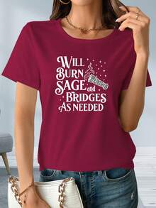 Limited Edition Women's Lightweight Breathable Cotton T-Shirt With Burning Sage And Broken Bridge Print - Short-Sleeve Crew Neck Tee Made Of Soft, Breathable, Medium-Stretch Fabric With A Sage Print Design, Suitable For The Office And Casual Summer Wear - Casual Summer Garment (Machine Washable) Lightweight Cotton - 藍色 - 查看 11