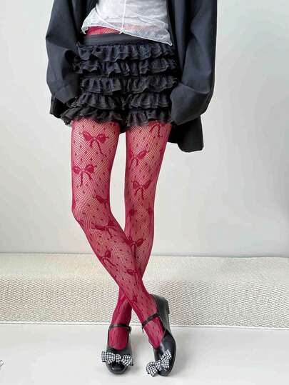 1 Pair Women's Sexy Fashion Bow Polka Dot Fishnet Pantyhose, Comfortable Breathable Non-Slip High Elasticity, Sheer Tights For Skin Beautifying, Suitable For Party, Daily Wear, Dates, Holidays