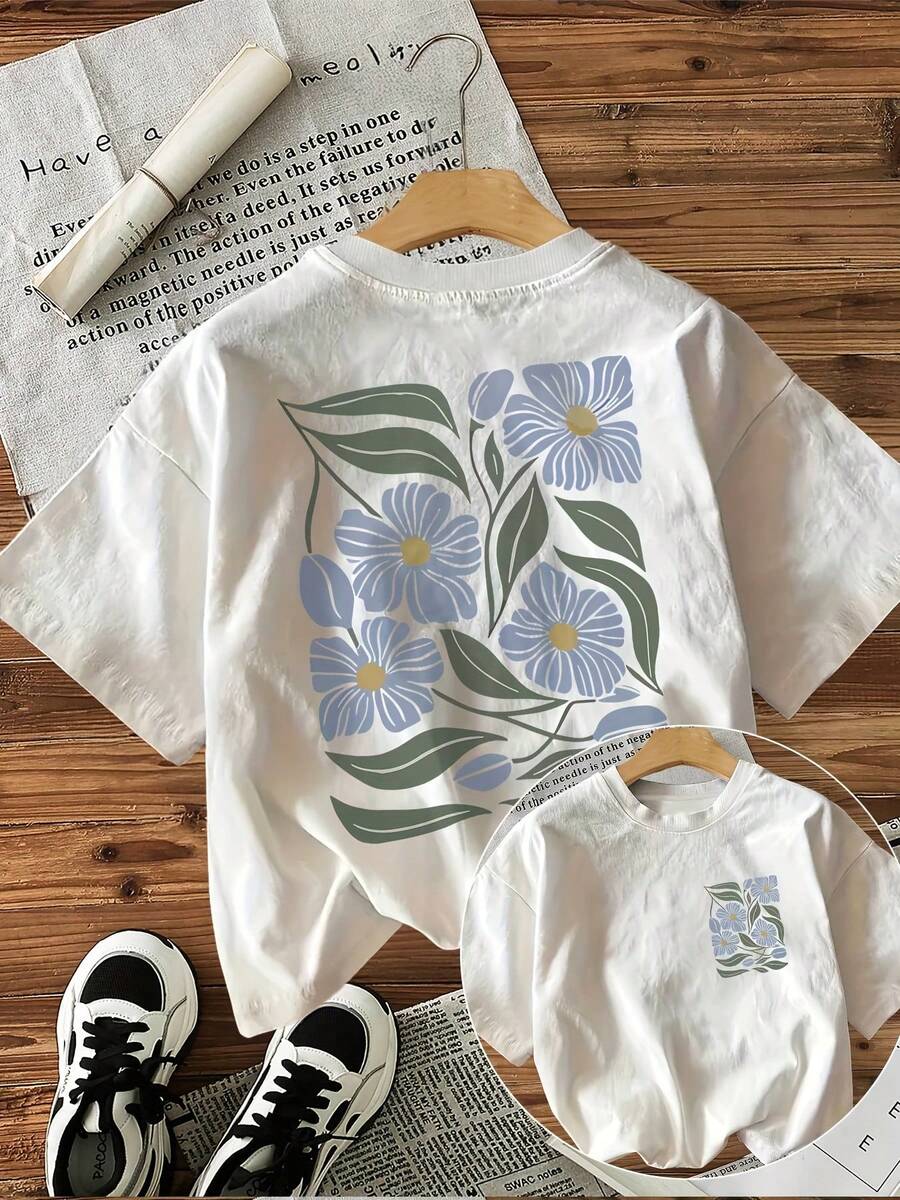 Women's Casual Short Sleeve Crew Neck T-Shirt - Floral And Leaf Graphic Print, Loose Fit, Breathable Fabric, Machine Washable, Versatile Top For All Seasons, Summer Clothes, Non-See-Through Material. - 白色 - 查看 1