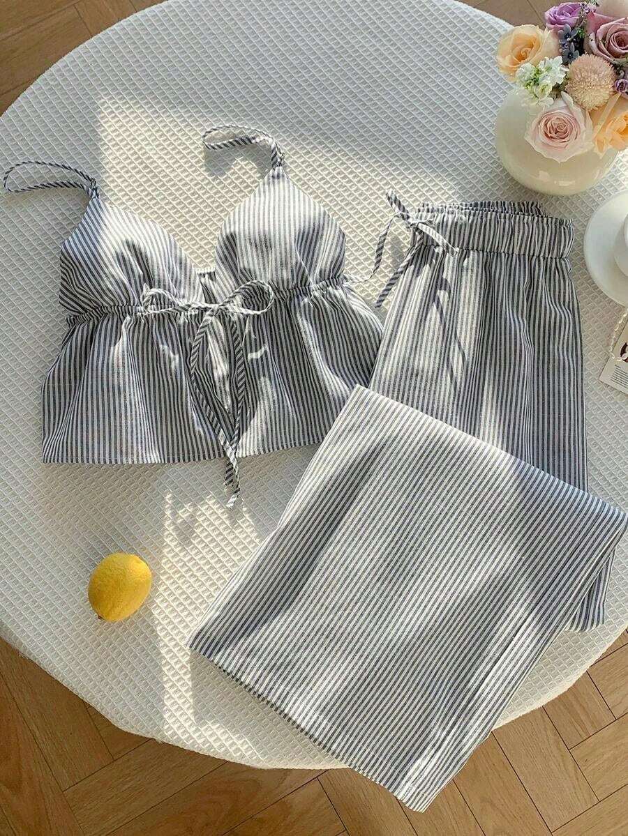 casual de 2 piezas de mujer con rayas tejidas, para primavera/verano - Azul marino 2 - Ver 1