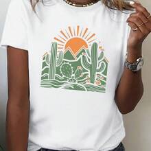 Camiseta de mujer - Camiseta blanca con estampado de cactus y paisaje desértico del suroeste - Camiseta casual de manga corta, suave y transpirable, con diseños de cactus verdes y paisajes desérticos, adecuada para ropa de estilo suroeste (lavable a máquina) para uso casual. - Blanco - Ver 6