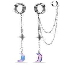 2 chiếc khuyên tai dạng ống bằng thép không gỉ không gây dị ứng kèm dây xích, họa tiết mặt trăng và sao màu tím chuyển sắc, khuyên tai dạng ống loe đôi, trang sức xỏ lỗ tai phong cách Punk Gothic. - mặt trăng - Xem 12
