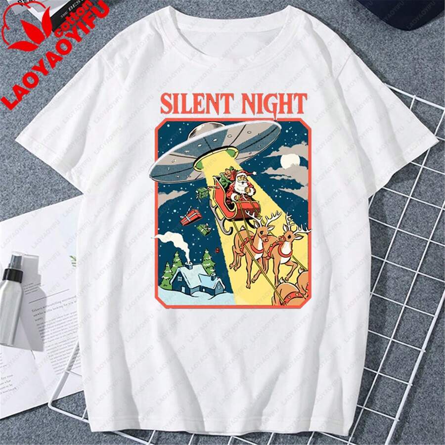 Camiseta informal de manga corta de punto con estampado de Papá Noel y ovnis de la Noche de Paz para mujer. - Blanco - Ver 1