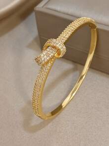 18K Gold Plated Full Diamond Knot Bangle Bracelet, Girl's Bracelet, Charming Bracelet, High-End Luxury Jewelry, Copper Bracelet, Suitable For Daily Wear, Parties, Vacation Season, Girl's Beach Accessories, Summer Accessories, Birthday Gift, Mother's Day Gift, Valentine's Day Gift, Girlfriend Gift, Bohemian Style Jewelry - Multicolor - View 6