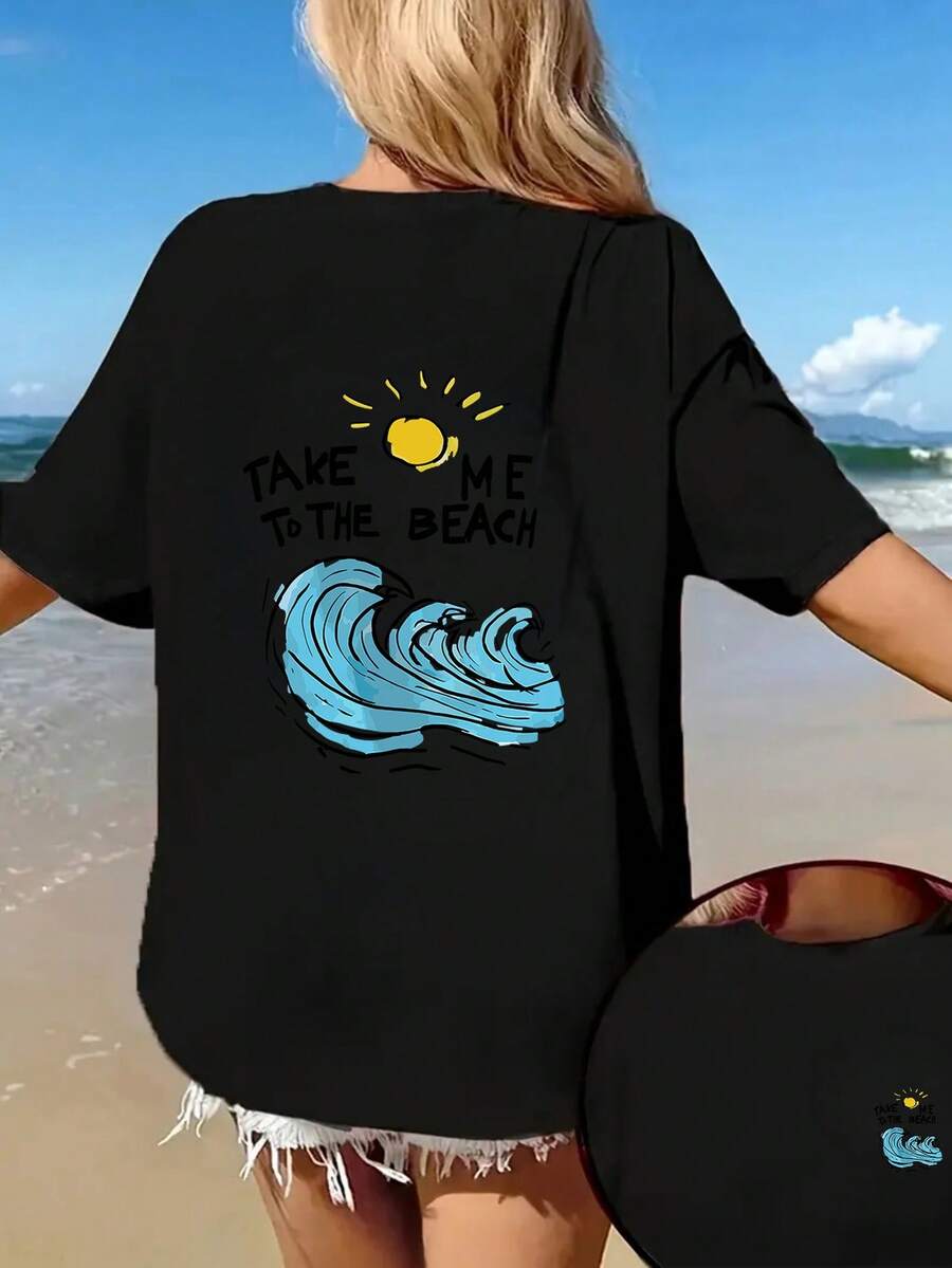 1pc Women's Y2K Style Short Sleeve T-Shirt - Double-Sided Beach Print (Ideal For Surfing) - High Elasticity Round Neck, Casual Summer Top - Surf Blouse For Spring, Summer And Autumn, Ladies' Beach Outfit / Summer Girl / Vacation Style With Green Tropical Plants / Beach Walk, Limited Summer Edition / Cool And Comfortable Version For Summer Travel - 黑色 - 查看 1