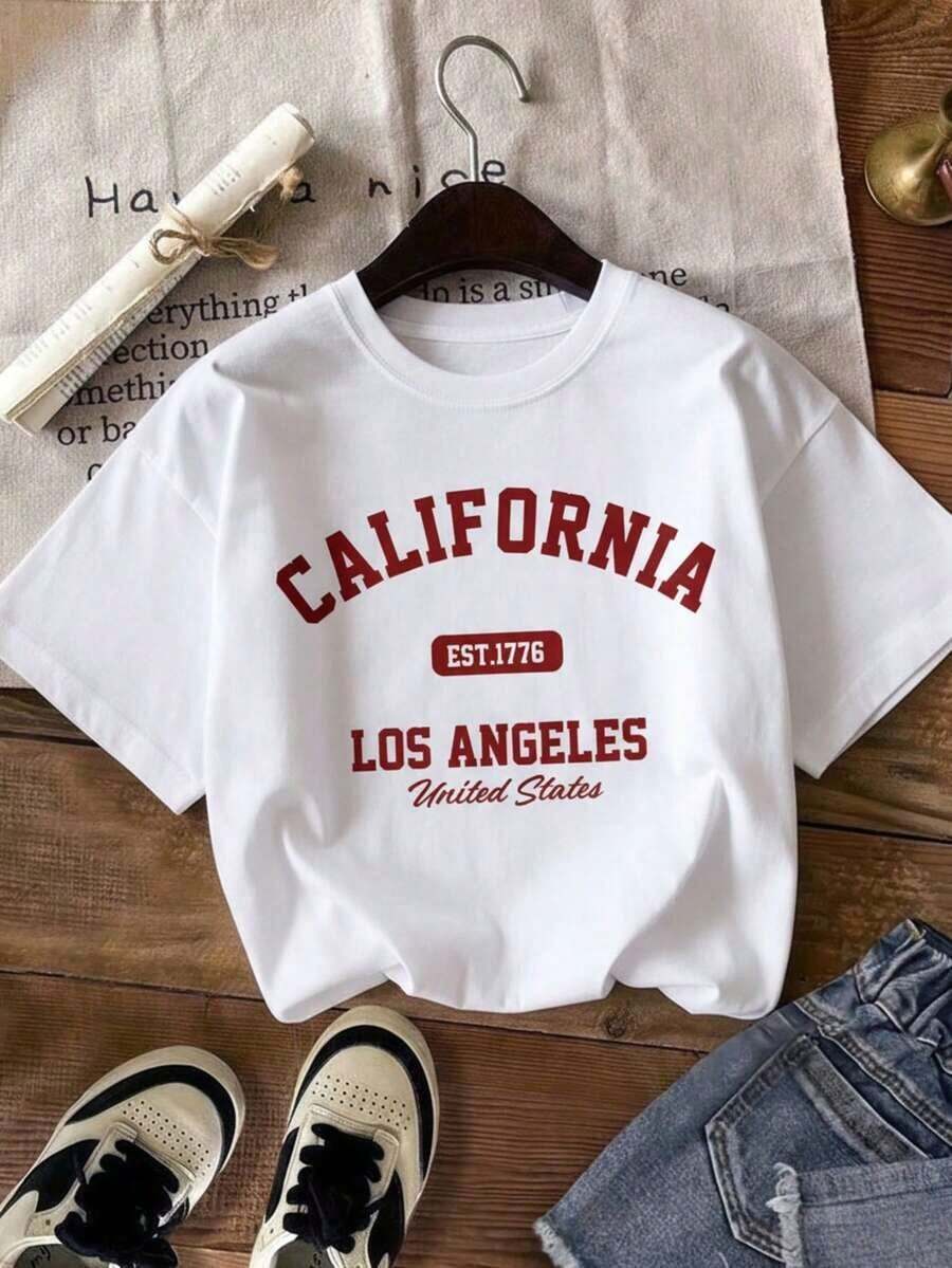 Camia Women's T-Shirt, Round Neck, Short Sleeve, Graphic Print, City Names, CALIFORNIA, Los Angeles, United States. Round Neck, Short Sleeve, Spring/Summer, Everyday Wear. Suitable As A Gift. Women's T-Shirt. Blouses > Elegant. Boho Chic. Women's T-Shirt, Soft And Breathable: Perfect For Vacations, Travel, And Festive Occasions, And Suitable For Wearing In Multiple Seasons. - 白色的 - 查看 1