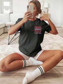 [Double-Sided Print] More Amorpor Favor Heart Letter Print Short-Sleeve Cotton T-Shirt - Unisex Vintage Urban Style, Loose Fit Short-Sleeve Cotton T-Shirt With Round Neck - 黑色 - 查看 2