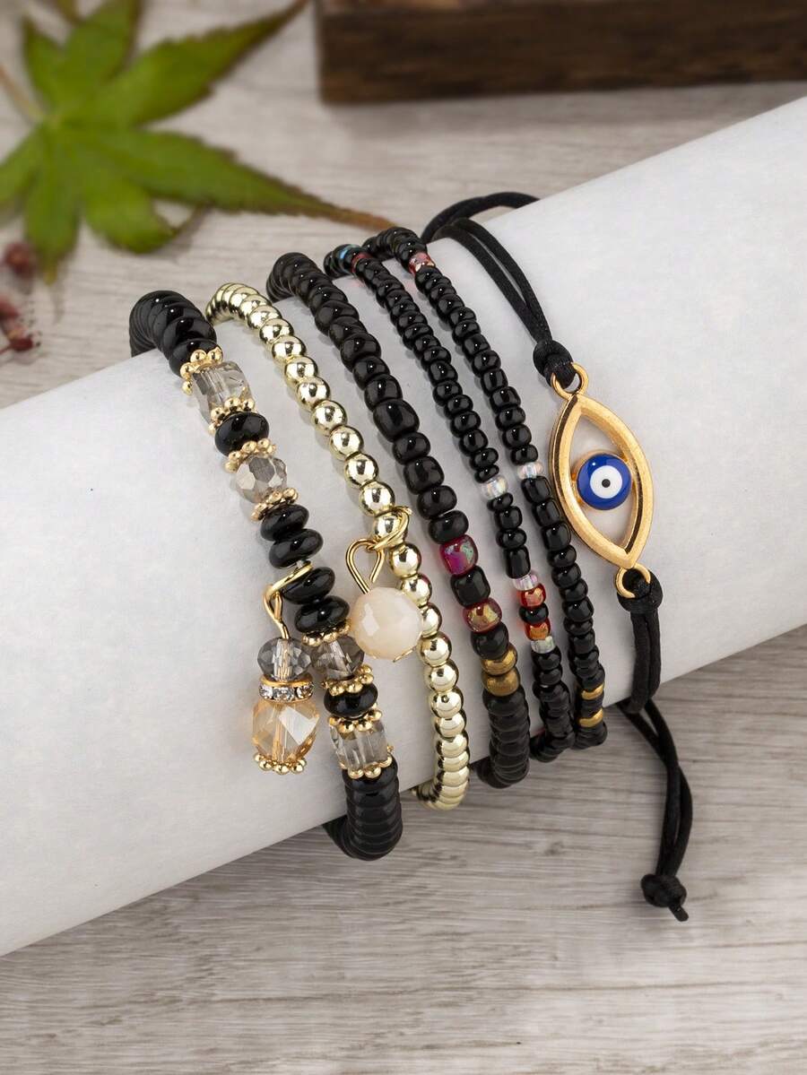 6pcs/Set Vintage Evil Eye Bangle Bracelets For Women, Suitable For Daily Wear - Black - View 1