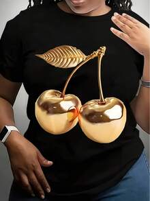 Camiseta de cuello redondo para mujer y unisex - Elegante camiseta con estampado de cerezas, tela suave y transpirable, camiseta ligera de uso diario para mujer y hombre - Prenda superior casual lavable a máquina, camisetas para damas, ropa de mujer cómoda - Negro - Ver 6