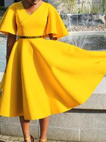 Women's Elegant European And American Style Evening Dress 2026, New Design, V-Neck, Puff Sleeves And Full Hem Skirt - 黃色 - 查看 1