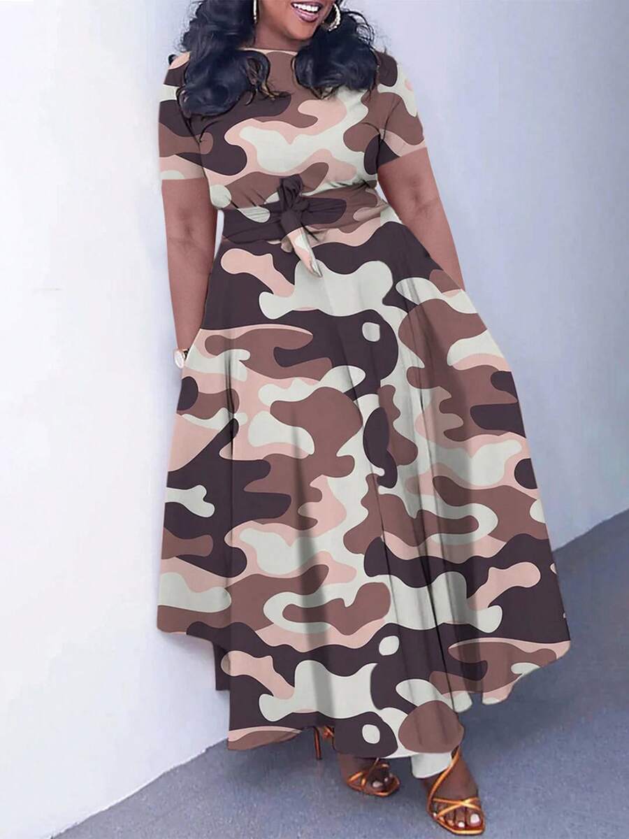 Plus Size Elegant Lace-Up Short Sleeve Flared Dress, New Style 2026 For Women - Merah muda kecoklatan - View 1