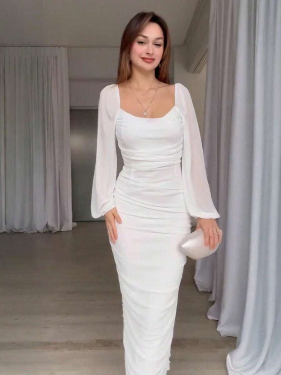 New Women's Dress Spring 2026, With Pleats, Solid Color, Fitted Waist, Elegant And Fashionable. - 白色 - 查看 1