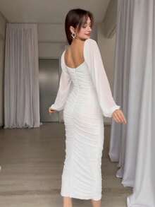 New Women's Dress Spring 2026, With Pleats, Solid Color, Fitted Waist, Elegant And Fashionable. - 白色 - 查看 3