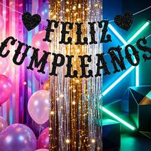 一套心形闪光字母三角旗/Feliz Cumpleaños/西班牙语生日派对氛围装饰横幅，金色西班牙语生日三角旗/金色闪光派对横幅/蓝色心形字母三角旗/生日派对装饰/黑色Feliz西班牙语生日横幅/场景装饰三角旗 - 查看 3