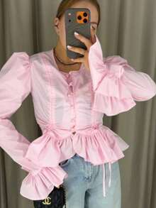 Camisa para mujer 2026 verano nuevo, moderna con botones, volantes, estilo suave y elegante - Rosa Pálido - Ver 6