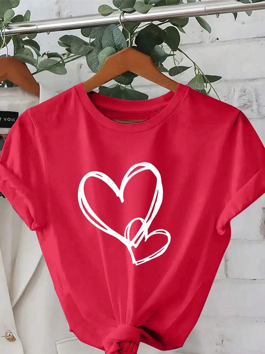 Plus Size - Plus Size - White Day, Exquisite Heart Design, Elegant Short Sleeve T-Shirt With Round Neck Print, Plus Size Women's Clothing, Women's Apparel - 紅色 - 查看 1