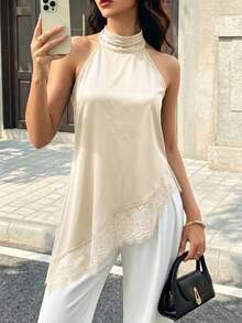 Top de tirantes negro para mujer, bajo asimétrico, diseño sin espalda, con ribete de encaje en contraste, longitud regular para verano - Albaricoque - Ver 4