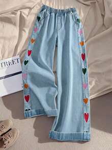 Jeans casuales de pierna ancha con cintura elástica, bolsillo en diagonal y bordado de corazón para mujer - Azul 4 - Ver 7