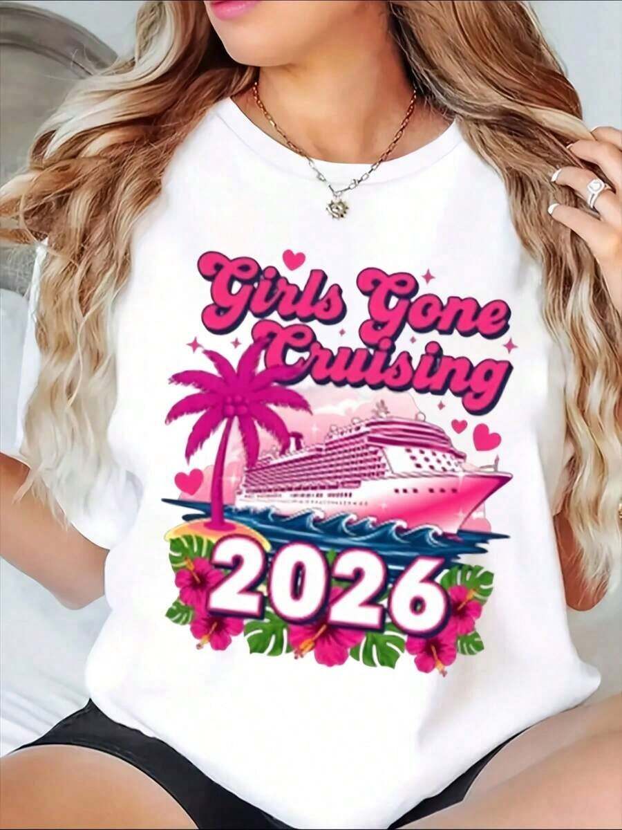 1 Piece Girls Gone Cruising 2026 T-Shirt For Cruise, Summer Travel Gift For Women, Beach Party Outfit, Tropical Design. It's A Perfect T-Shirt To Give To Friends And Family On Any Holiday Or Special Occasion, 220g 180g 100% Cotton. - 白色 - 查看 1