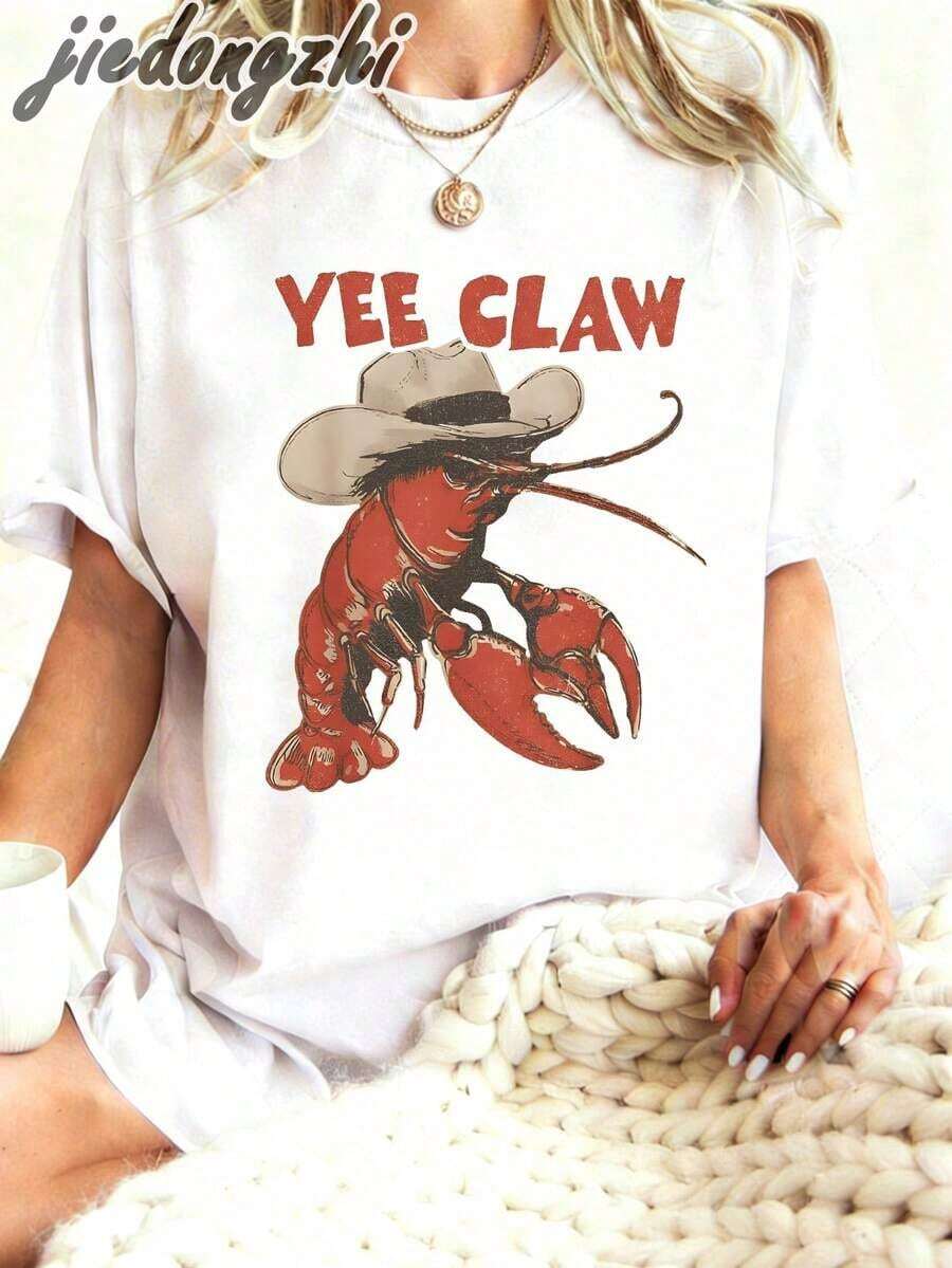 1 Piece Of Women's Cowboy Style Crayfish Print Oversized T-Shirt, Y2K Inspired Summer Clothing, Graphic Tees For Everyday Wear, Women's Western Style Holiday Outfits, 180g 100% Cotton. - 白色 - 查看 1