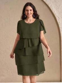 Reflora Vestido de moda con cuello redondo, mangas con volantes y estampado floral para mujer de talla grande - Verde militar - Ver 3
