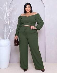 Plus Size Set: Off-The-Shoulder Cropped Top And Elegant High-Waisted Lined Palazzo Pants - Hijau Tentara - View 6