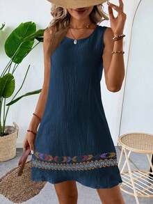 Vestido casual de verano para vacaciones en la playa, de algodón y lino con textura, color albaricoque, sin mangas y corte recto para mujeres - Azul marino - Ver 6