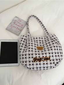 New Plaid Canvas Tote Bag, Large Capacity, Cute Bear Head Embroidery, Versatile Shoulder Bag For Students And Commuting - Multicolor - View 7
