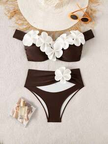 Conjunto de bikini de flores 3D tejido, atuendo sexy para fiesta de playa y piscina, adecuado para vacaciones, Año Nuevo, Navidad, verano - Multicolor - Ver 2