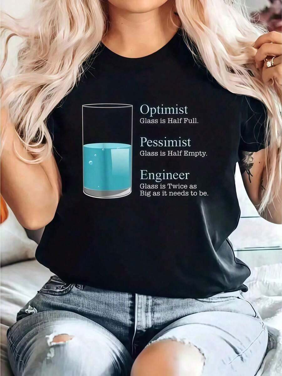 Women's T-Shirt With Funny Phrase "Optimistic Pessimistic Engineer", Crew Neck, Short Sleeve And Comfortable, Ideal For Spring And Summer - Vintage Street Style Unisex Loose Cotton Short Sleeve Crew Neck T-Shirt, Women's Blouses, Women's T-Shirts, Casual Blouses For Ladies - 黑色 - 查看 1