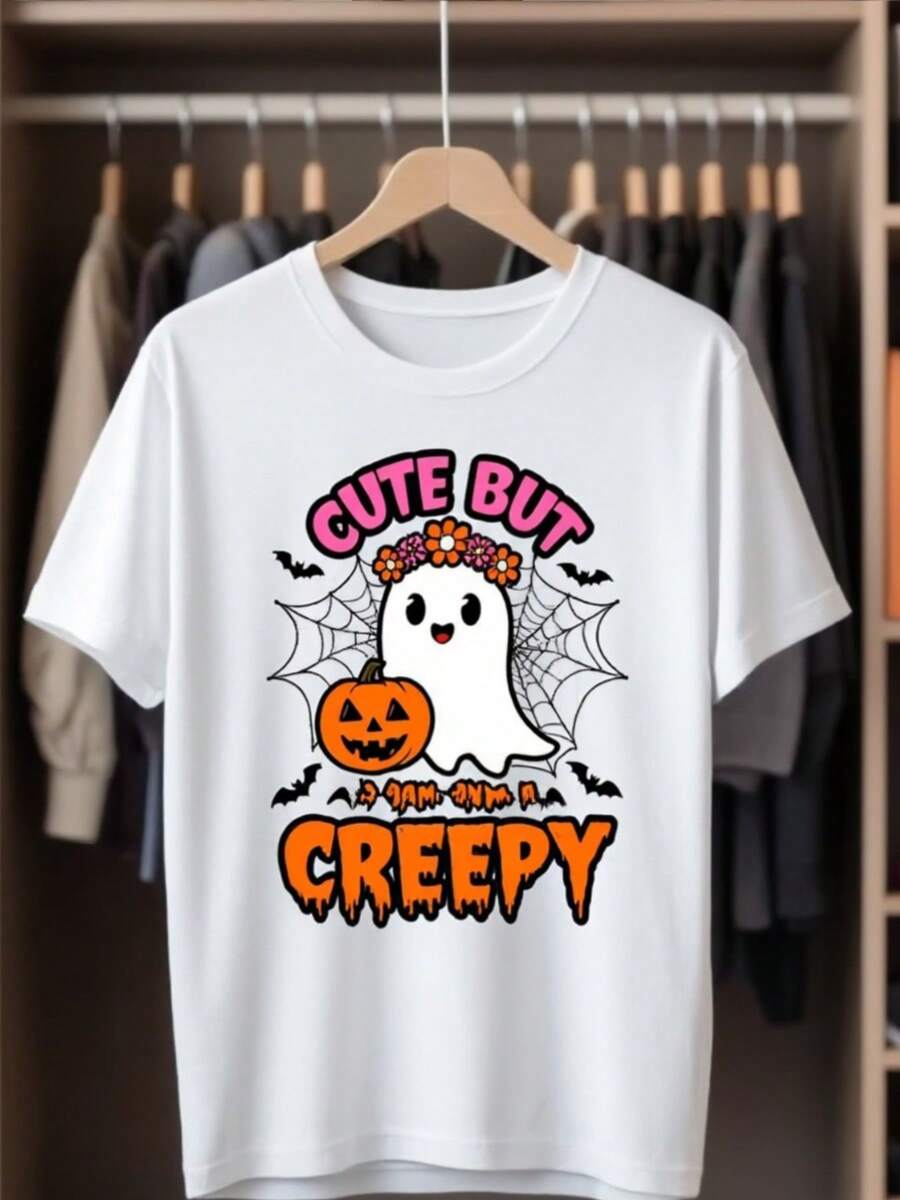 Camiseta linda y ala de murciélago - eslogan lindo pero espeluznante con tela de araña y diseño de murciélago - camiseta de manga corta de uste suelto blanco - tre de verano y otoño informal transpirable - perfecto para Halloween y regalo de Navidad (tre espeluznante lindo) -
