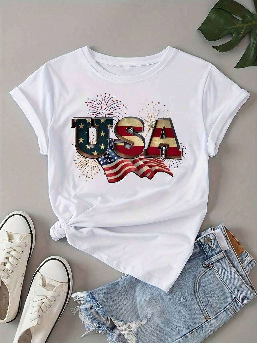 Camiseta Patriótica para Mujer con Estampado de la Bandera de EE. UU. - Cuello Redondo Casual, Manga Corta, Camiseta Ligera de Poliéster con Impresión Audaz de "USA" y Diseño de Fuegos Artificiales para Verano y Primavera - Blanco - Ver 1