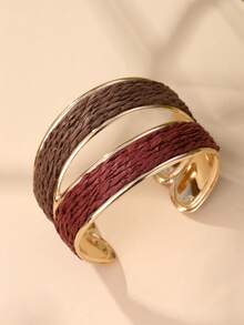 1pc Handmade Bohemian Style Dual-Tone Open Bangle Bracelet, Intricate & Textured Design, Suitable For Travel, Vacation, Party, Afternoon Tea, Music Festival And Daily Wear - Brown - View 3